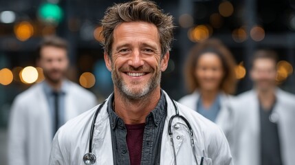 Fototapeta premium Smiling male doctor with a stethoscope and diverse team in a hospital setting.