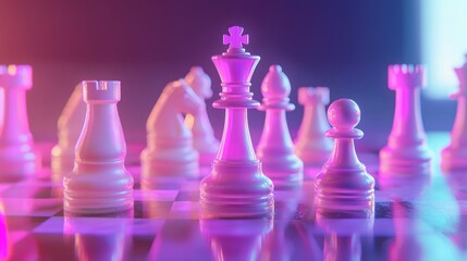 Chess pieces on a chessboard in a colorful fashion style. Studio neon light footage. Pink and purple colors. Fashion, business concept. Depth of field, soft focus