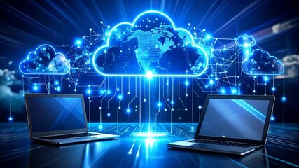 Cloud computing and global network technology connecting laptops with data centers - Powered by Adobe