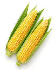 Two ears of corn with green husks lying side by side on a white surface in a high angle view shot