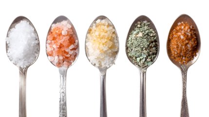 Five Spoons of Spices and Salts on Black Background