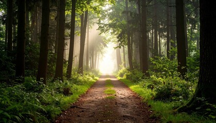 Forest Trail with Sunlight Rays
