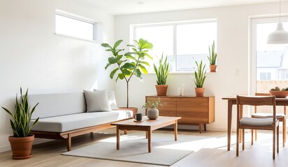 Fototapeta premium Minimalist Modern Living Room Interior with Fiddle Leaf Fig and Snake Plants.