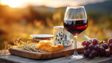 Naklejka premium Glass of red wine next to cheese board with grapes at golden sunset light