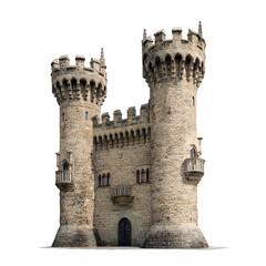 Majestic medieval castle facade with towers and stone architecture detail