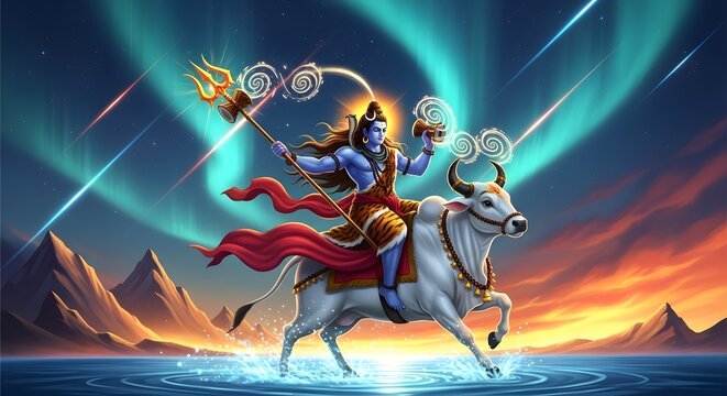 Lord shiva riding his divine bull nandi across a starry sky with aurora borealis and mountains