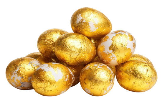 Pile of Golden Eggs with White Speckles on Black Background
