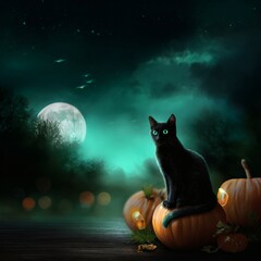 Black cat with glowing green eyes sitting on pumpkin, Halloween night sky – 16:9, halloween, halloween cat, black cat halloween, spooky halloween, halloween 2025, halloween wallpaper, halloween 