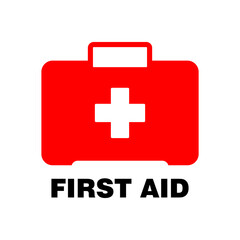 Obraz premium Red first aid kit icon with white medical cross symbol.