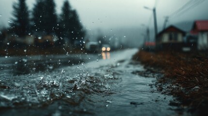 Fototapeta premium Heavy Rainfall Creates an Atmospheric Autumn Scene of Peacefulness