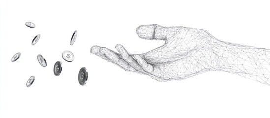 Abstract polygonal hand tosses coins isolated on white background. Low poly wireframe 3D Render illustration. Business and finance digital concept mash line and point with destruct shapes