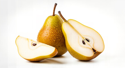 Fresh ripe pear fruit with slice and half isolated on white background, juicy sliced pear with water drops, whole and cut fresh pears composition.