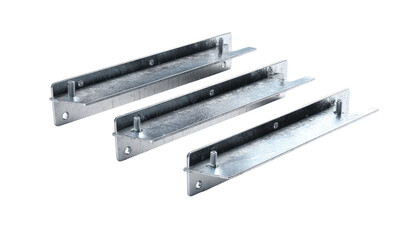 Three metal support brackets,  angled,  light gray,  with mounting holes