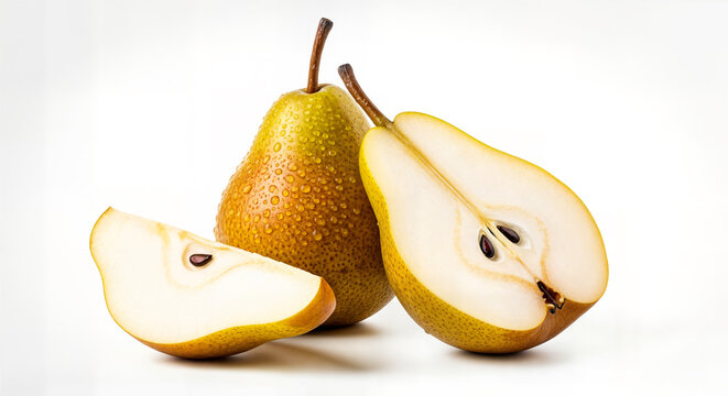 Fresh ripe pear fruit with slice and half isolated on white background, juicy sliced pear with water drops, whole and cut fresh pears composition.
