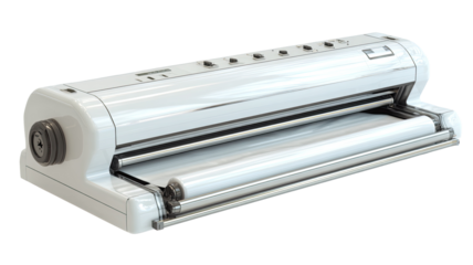 White, rectangular machine with rollers, likely for printing or laminating.  Features controls panel and paper/film feed