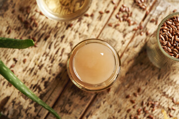 Homemade flax seed gel, aloe vera and apple cider vinegar - ingredients for natural diy shampoo....