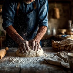 Fototapeta premium Artisan Baker Kneading Dough in Rustic Kitchen Setting