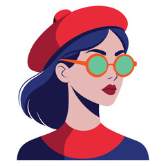 Stylish young woman with blue hair and red beret wearing sunglasses, Stylized Vector Illustration of a Young Woman with Red Beret and Sunglasses
