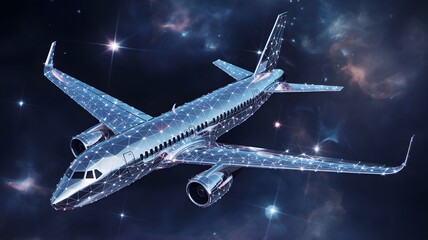 Futuristic Digital Airplane Flying in Space with Neon Lights