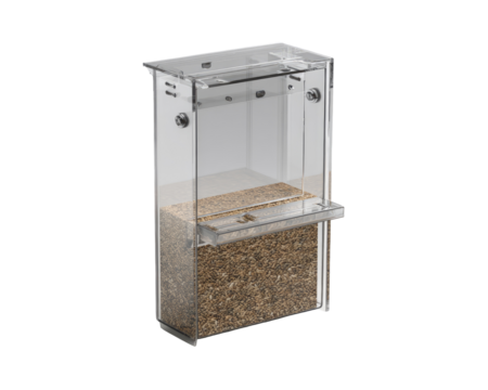 Clear acrylic bird feeder, rectangular shape, with a compartment for seed