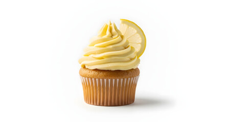 Sweet lemon cupcake with yellow buttercream frosting and fresh garnish with white background