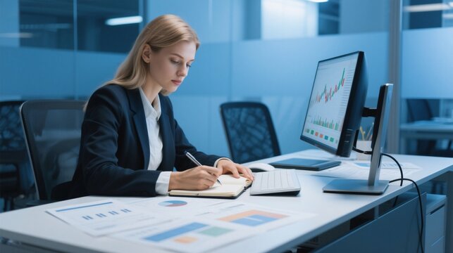 Focused Caucasian businesswoman working late in office, analyzing financial stock market data on computer. Concept of investment, trading, business strategy, corporate growth, and professional success - Powered by Adobe