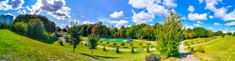 Park Civali Tivali path in green nature fields forest Minsk Belarus.