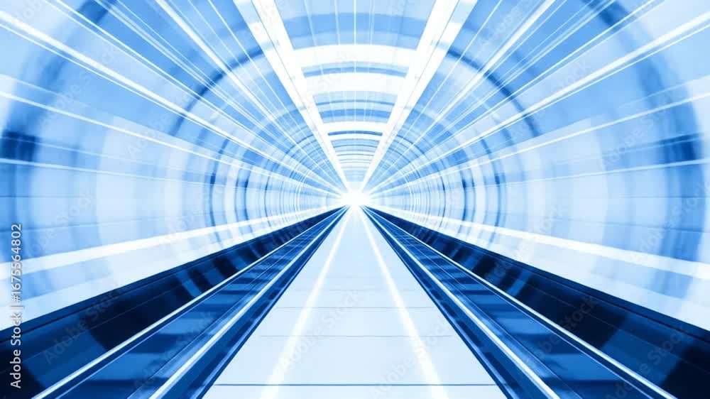 Poster futuristic tunnel with blue geometric design and radial light emphasizing perspective and modern arc