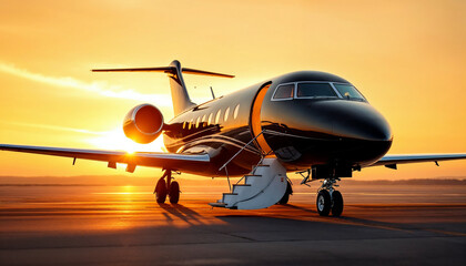 Black private jet at sunset with stairs extended, glowing in golden light.
