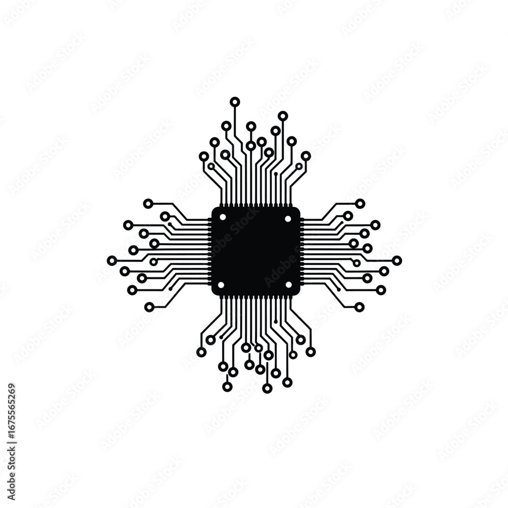 Poster black microchip with radiating circuit lines technology