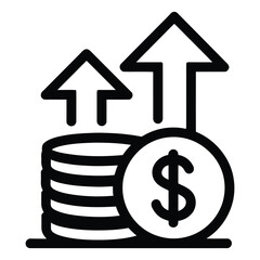 Outline graphic of stack of coins with dollar sign and upward pointing arrows representing growth concept