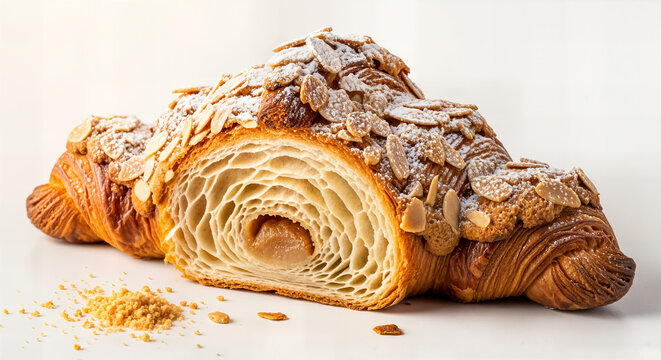 Almond Croissant cut in half showing flaky layers. Freshly baked almond croissant with frangipane filling. Gourmet French bakery pastry breakfast dessert, an isolated golden croissant.