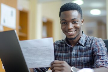 Fototapeta premium smiling young man sitting at a desk with a laptop, opening an envelope with a letter, and reading good news, reflecting a moment of success or achievement, Generative AI