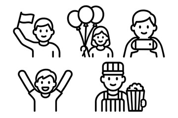 Naklejka premium Parade crowd icon set. Festival people vector. Onlookers celebrating. Waving flag, holding balloons, taking photo. Cheering child. Popcorn vendor. Community event outline icons.