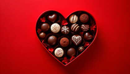 Heart-shaped red gift box with handcrafted chocolates.
