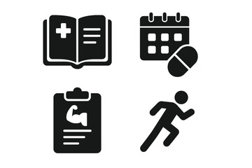 Patient empowerment icon set. Health management tools, medical diary, medication schedule, fitness plan, and exercise log. Healthcare and wellness vector glyph icons.