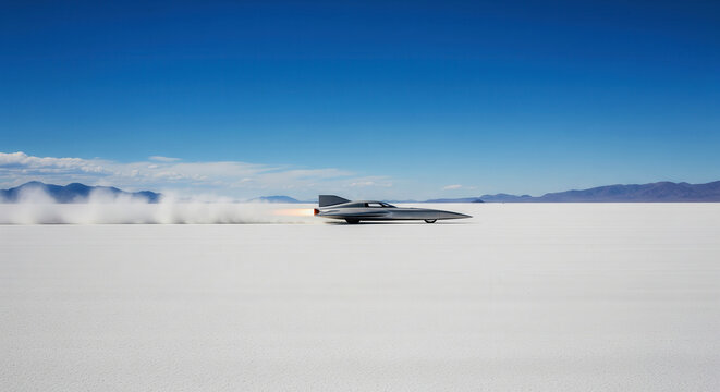 Futuristic land speed record car racing at high velocity across the Bonneville Salt Flats in Utah.