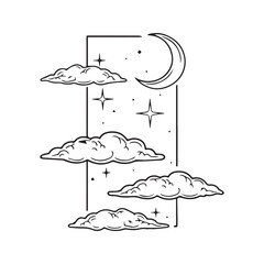 Minimalist line art of a crescent moon, stars, and clouds in a framed night sky. Celestial vector illustration, esoteric symbol, tattoo design.  © Journey