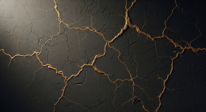 Abstract Kintsugi background with golden cracks on a dark textured wall representing repaired beauty.