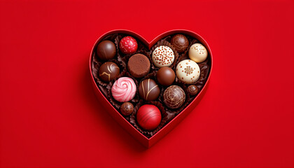 Obraz premium Heart-shaped red gift box with handcrafted chocolates. 