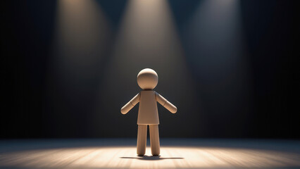 Obraz premium A wooden figure stands under spotlight on a stage, embodying creativity and expression in an artistic setting.
