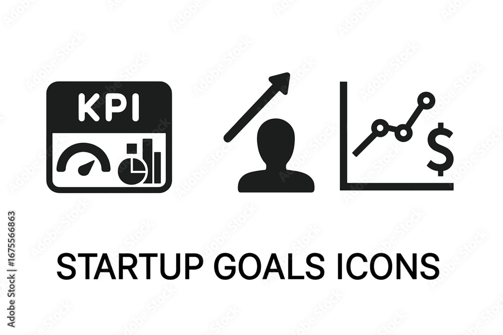 Poster startup goals solid icon set. kpi dashboard with metrics for performance analysis. user growth arrow