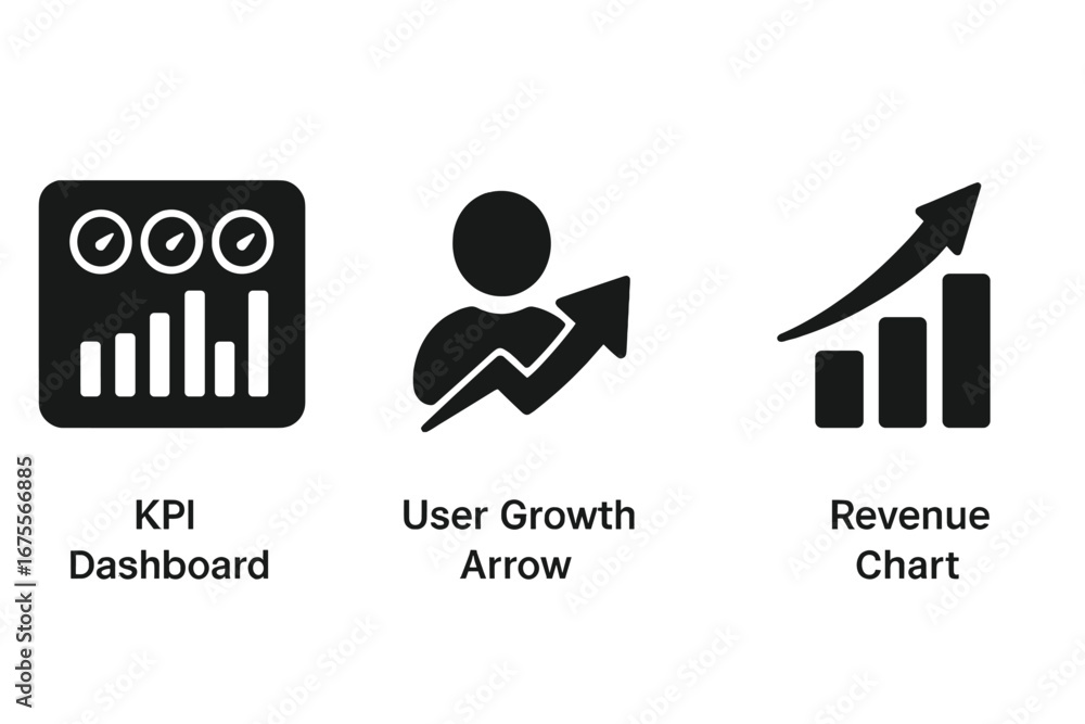 Poster business growth solid icon set. startup goals and metrics. kpi dashboard for performance analytics, 