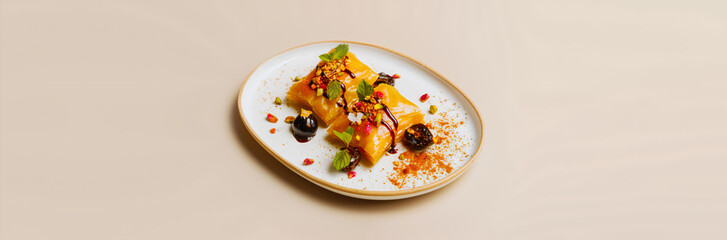 Gourmet baklava dessert with fig and pistachio on minimalist plate, a modern fine dining concept for a luxury restaurant website banner with copy space.