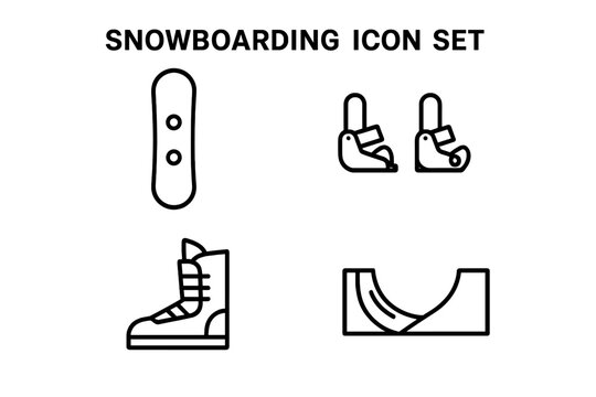 Snowboarding icon set. Winter sports equipment line art. Snowboard, boots, bindings, halfpipe, and snowpark ramp outline icons. Extreme sports vector graphic collection.