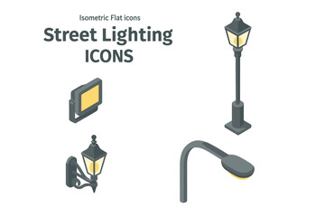 Isometric street lighting icons set. Vector flat design lamppost, floodlight, decorative wall lantern, and modern overhead light pole. Urban city park illumination clipart.