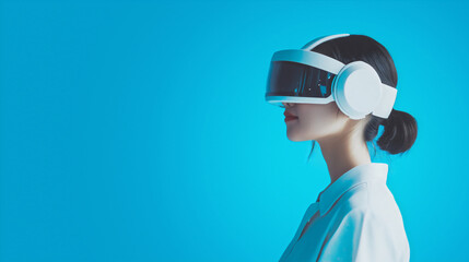 Profile of an Asian female professional experiencing an immersive virtual reality simulation with a futuristic headset. Concept of the metaverse, corporate training, digital experience,  technology.