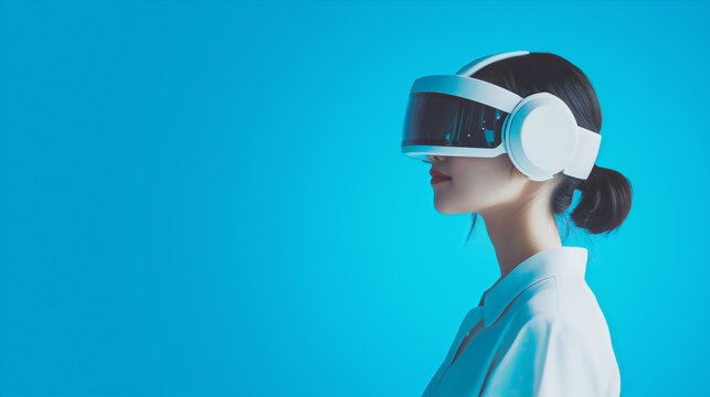 Profile of an Asian female professional experiencing an immersive virtual reality simulation with a futuristic headset. Concept of the metaverse, corporate training, digital experience,  technology.