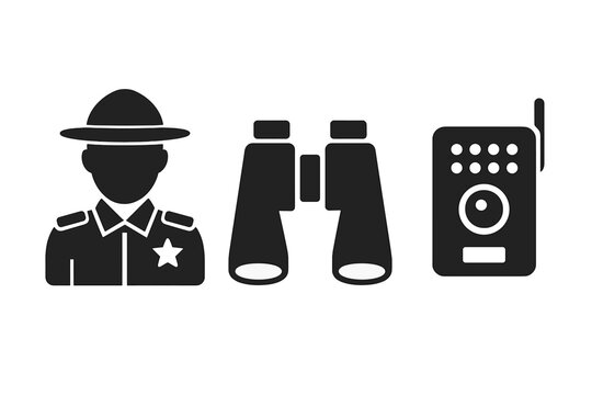 Wildlife conservation icon set. Forest park ranger, binoculars, and trail camera trap for animal surveillance. Nature protection and environment monitoring symbols. Vector glyph.