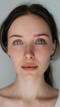 Pure, clear complexion; neutral expression with soft blue eyes.